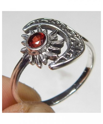 Crescent Moon And Sun Garnet Round Faceted Gemstone 925 Sterling Silver Garnet Ring Jewelry for Good Luck Promise Ring Vintag...