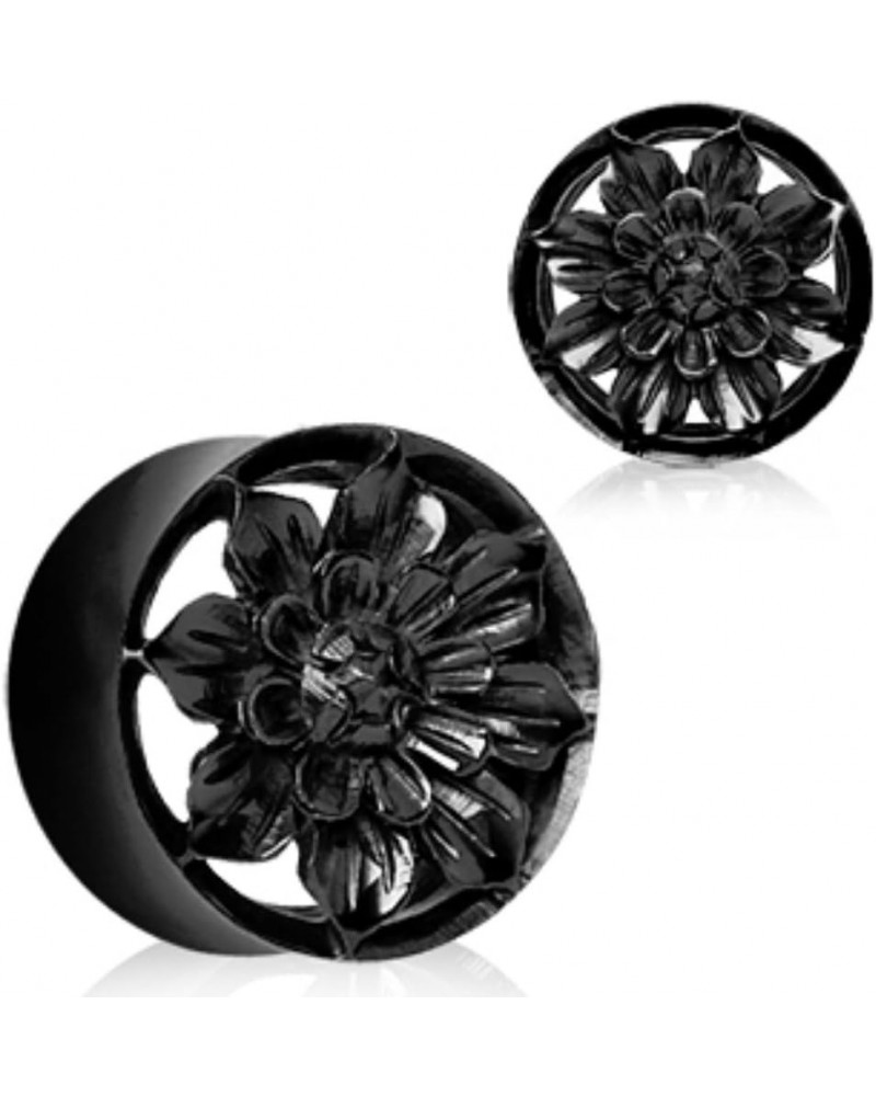 Organic Black Buffalo Horn Flesh Tunnel Plug with Carved Dahlia Flower 1/2 $15.59 Body Jewelry