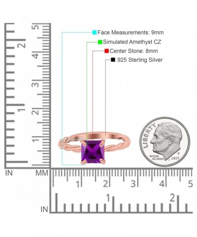 Solitaire Accent Twisted Fashion Ring Princess Cut Simulated Cubic Zirconia 925 Sterling Silver Rose Tone, Simulated Amethyst...