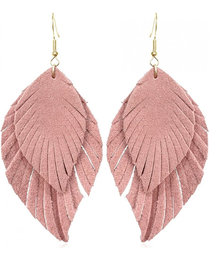 Handmade Bohemian Large Soft Genuine Leather Fringe Double Feather Lightweight Color PU Leaf Drop Dangle Earrings for Women G...