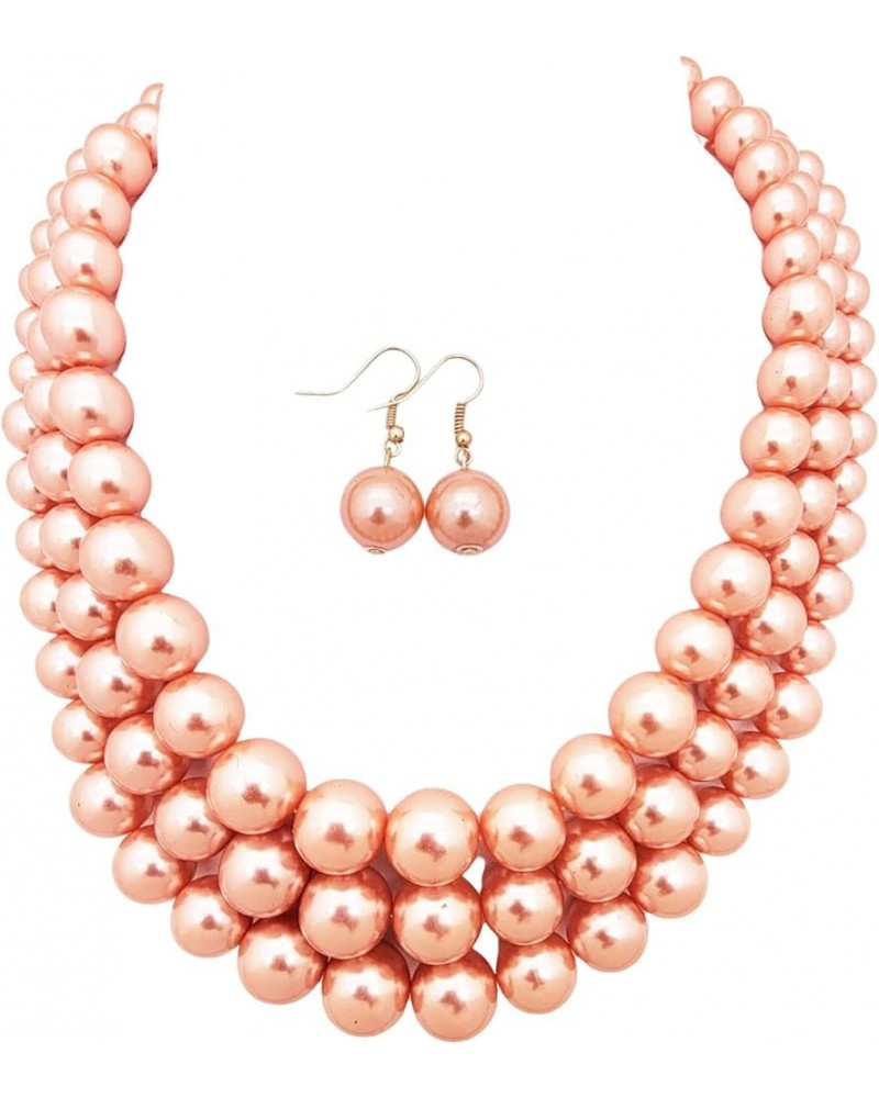 Women's Simulated Faux Three Multi-Strand Pearl Statement Necklace and Earrings Set Peach $10.06 Jewelry Sets