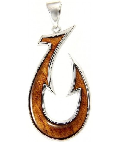 Genuine inlay Hawaiian koa wood fish hook pendant sterling silver 925 large 23mm $33.79 Necklaces