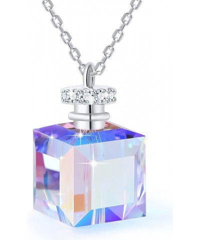 Aurora Crystal Cube Square Necklace Unique Gifts for Women Girls Faceted Pendant Dainty Perfume Bottle Shaped 18K Rose Gold P...