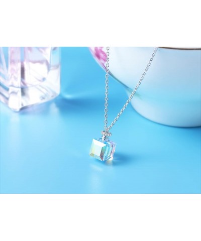 Aurora Crystal Cube Square Necklace Unique Gifts for Women Girls Faceted Pendant Dainty Perfume Bottle Shaped 18K Rose Gold P...