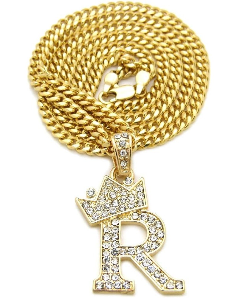 Unisex Small Size Pave Crown Tilted Initial Alphabet Letter Pendant 3mm 20" Cuban Chain Necklace in Gold, Silver Tone R - Gol...