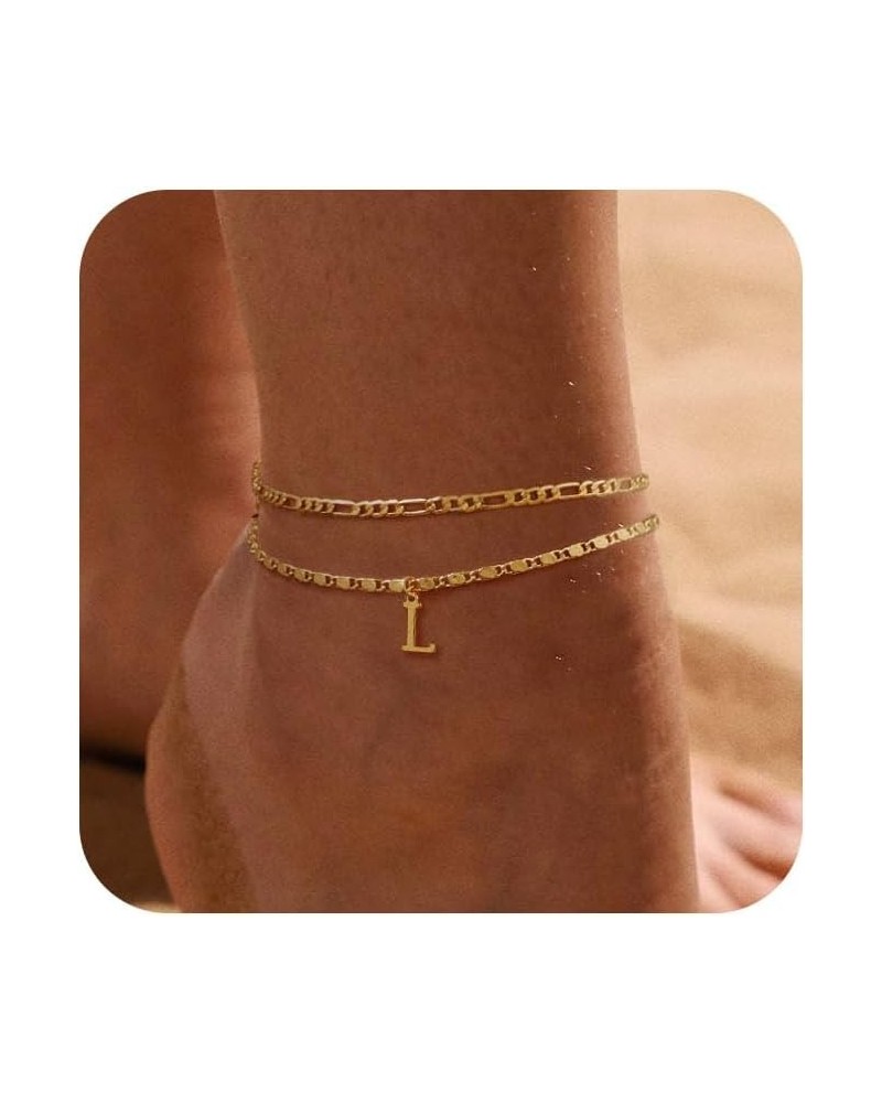 Initial Ankle Bracelets for Women，Layered Waterproof Anklet for Women 14K Gold Filled Anklets Layering Thin Figaro Letter Ank...