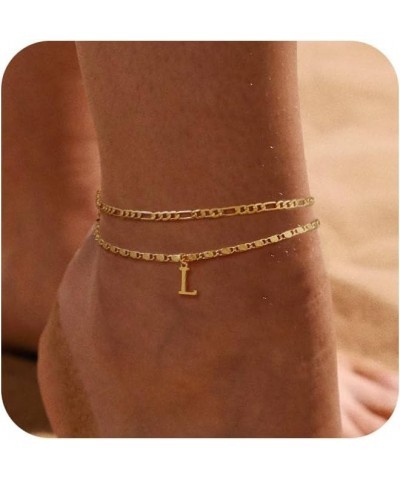 Initial Ankle Bracelets for Women，Layered Waterproof Anklet for Women 14K Gold Filled Anklets Layering Thin Figaro Letter Ank...