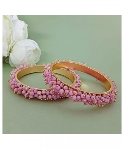 Fashion Jewelry Indian Bollywood Gold Tone Crystal Beaded Bracelets Bangle Set (2 Pieces) For Women, 2-8, Alloy Light Pink (S...