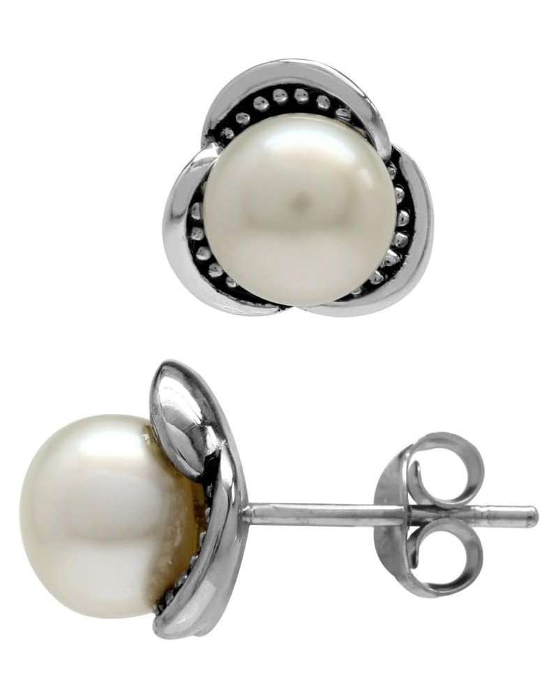 7mm Cultured Freshwater White Pearl 925 Sterling Silver Flower Stud Earrings $10.39 Earrings