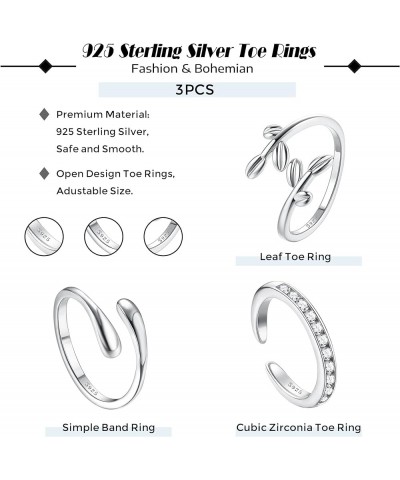 925 Sterling Silver Toe Rings for Women Open Cuff Adjustsable Toe Rings Set Platinum Plating Band Leaf CZ Tail Jump Rings Tre...