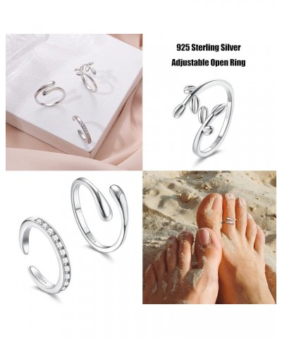 925 Sterling Silver Toe Rings for Women Open Cuff Adjustsable Toe Rings Set Platinum Plating Band Leaf CZ Tail Jump Rings Tre...